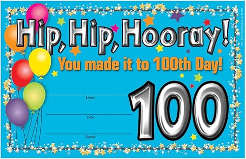 Barker Creek Premios de reconocimiento, 100 día, celebra los logros de los estudiantes con estos coloridos premios, 30 premios por paquete, 8.5 x