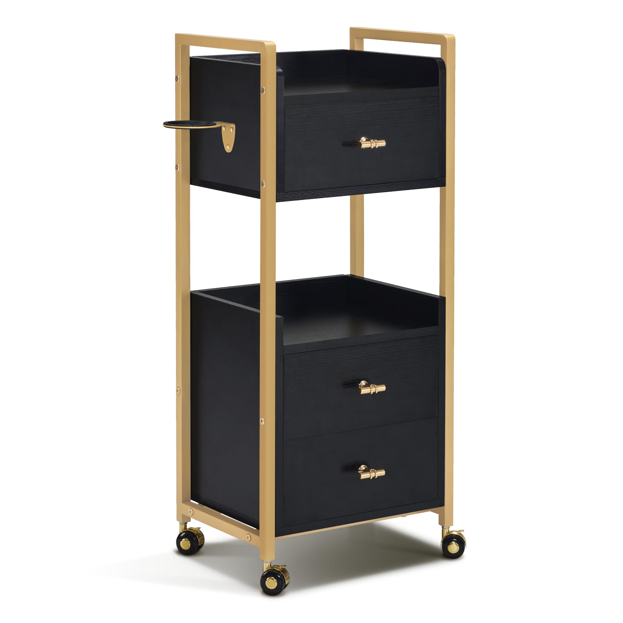 M MCombo Chariot de Coiffure avec roulettes & 3 tiroirs, Chariot de Service, Chariot de Salon avec 2 étagères & Support de sèche-Cheveux, Chariot de Travail, 30x40x95cm, 0022