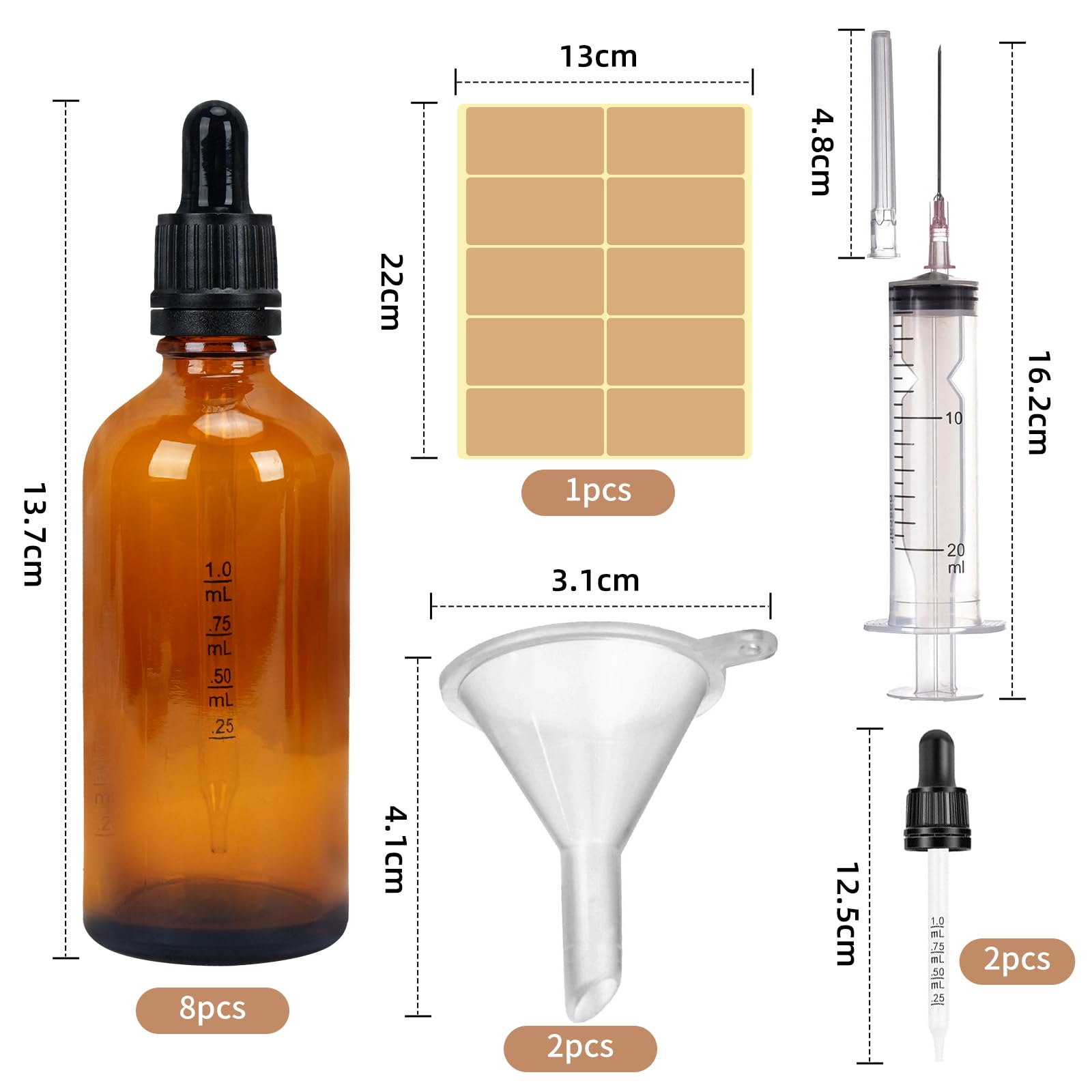 Lot de 8 flacons compte-gouttes en verre marron de 100 ml pour huile essentielle, parfum, liquide avec petites bouteilles en verre, entonnoir, seringue et étiquette