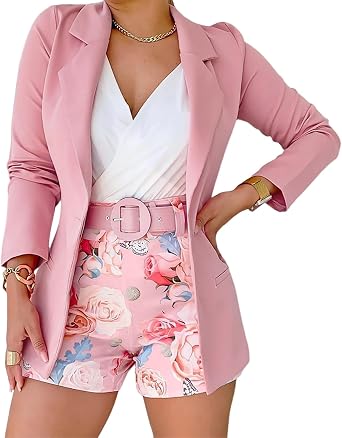 CHICME Womens 2 Piece Blazer Set Open Front Blazer Coat with Floral Print Shorts Summer Suits Set With Belt
