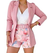 CHICME Womens 2 Piece Outfits Open Front Blazer Floral Shorts Set | Belted Waist Detail, Functional Pockets, Lapel Collar Style, Lightweight Fabric, Business Casual Wear, Vacation Travel Outfit