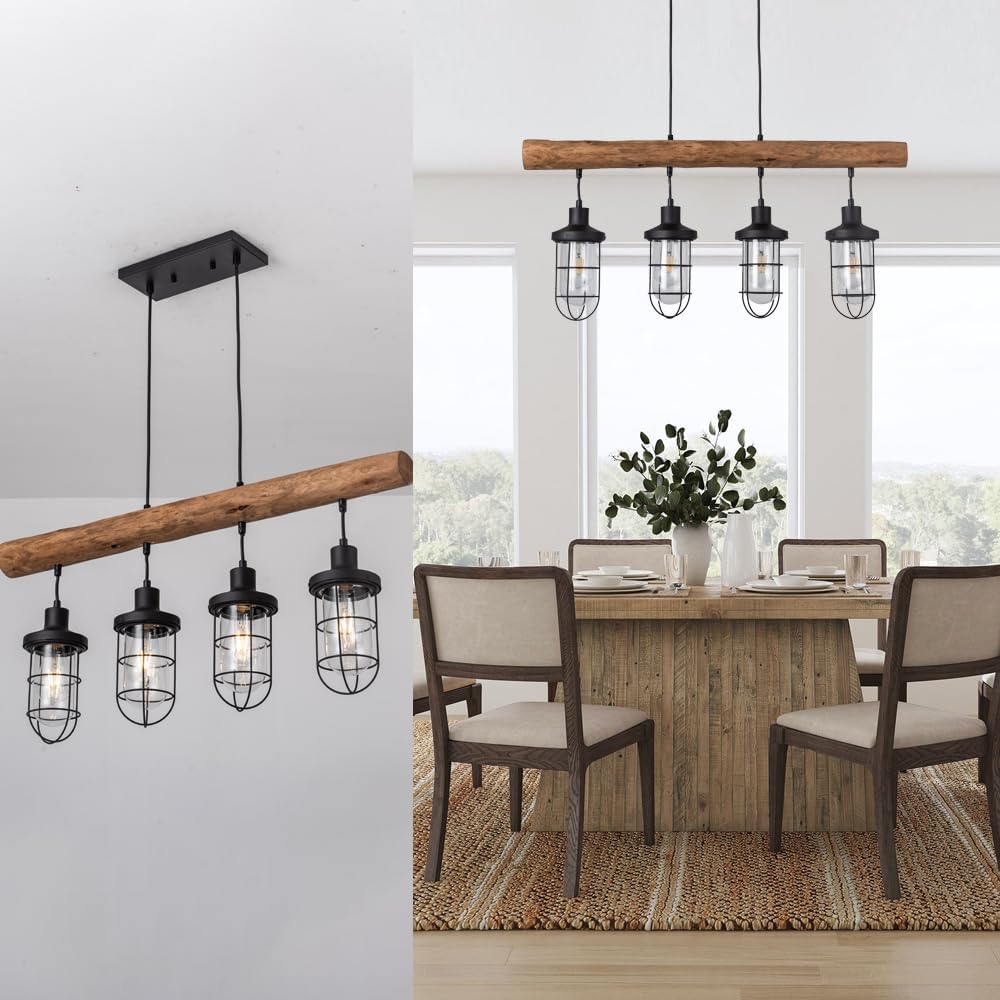 Farmhouse Kitchen Island Pendant Light Fixture, Wooden Dinning Room Chandelier, Rustic Country Hanging Lamp for Dinning Room, Warehouse, Vintage Shops, 4 Metal Shades