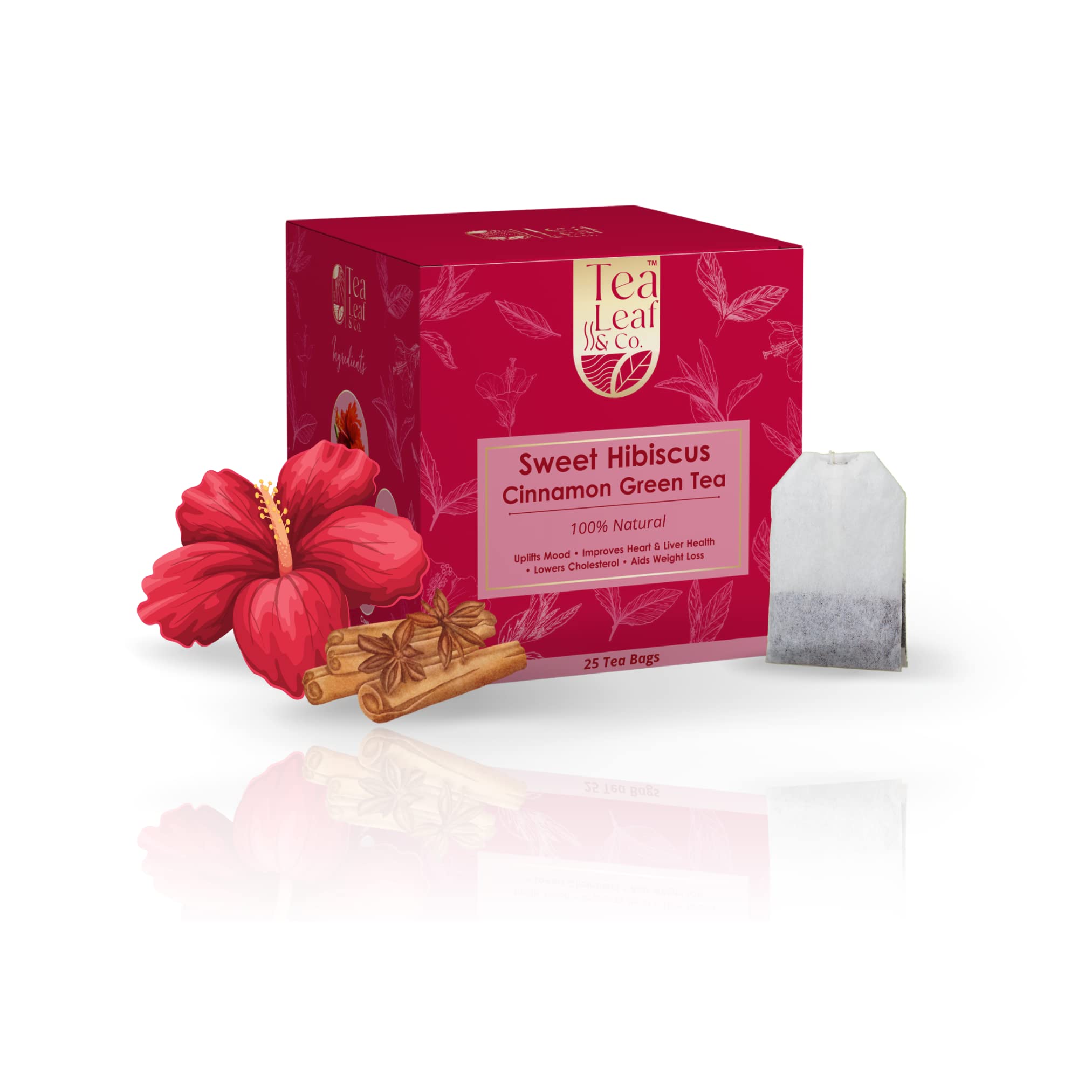 Tea Leaf & Co. Sweet Hibiscus Green Tea | Rich in Antioxidants | Supports Heart Health & Skin Glow | Tarty Floral Detox Tea | Naturally Caffeine-Free | Refreshing Herbal Taste 25 Tea Bags