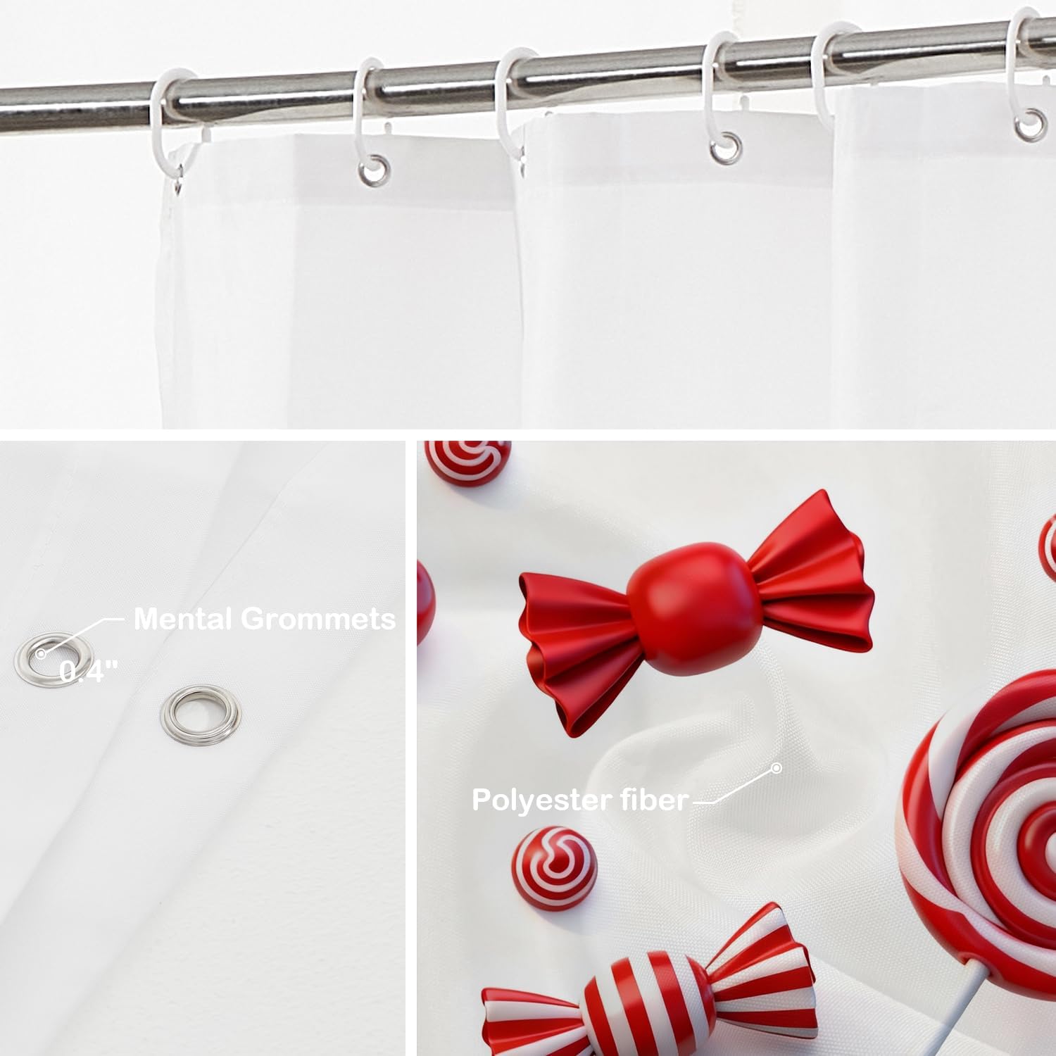 Batmerry Red White Brown Christmas Decorative Shower Curtain, Red White Green Sweet Peppermint Candy Striped Cute Long wide with Rust Proof Grommets for Bathroom Waterproof Washable