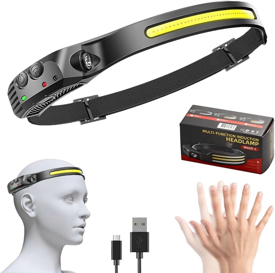 Pryzoq LED Motion Sensor Headlamp, Head Torch Rechargeable＆230° Wide Beam Headtorch with Motion Sensor, Waterproof Rating,Lightweight Headlamp for Running (1, 1 Front Led Lichtleiste)
