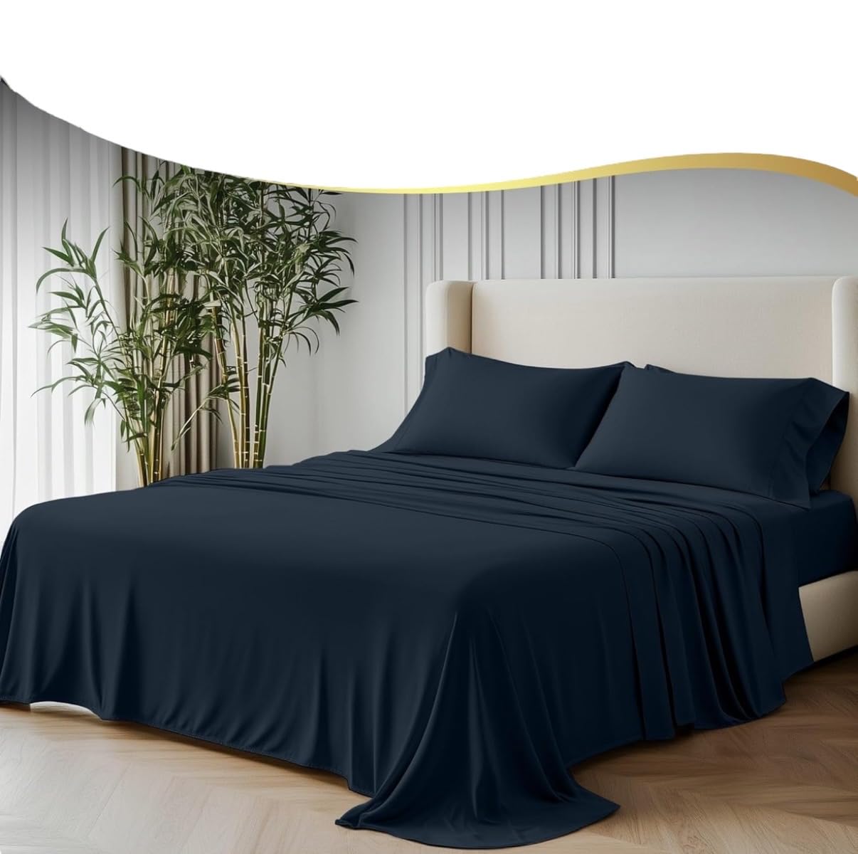 GF 100% Organic Bamboo Bedding Set 4 Pieces 300tc Luxurious sateen weave Duvet Cover, 2 x Pillow Cases & Extra Deep 40cm Fitted Sheet. (Nightfall Navy, Double)