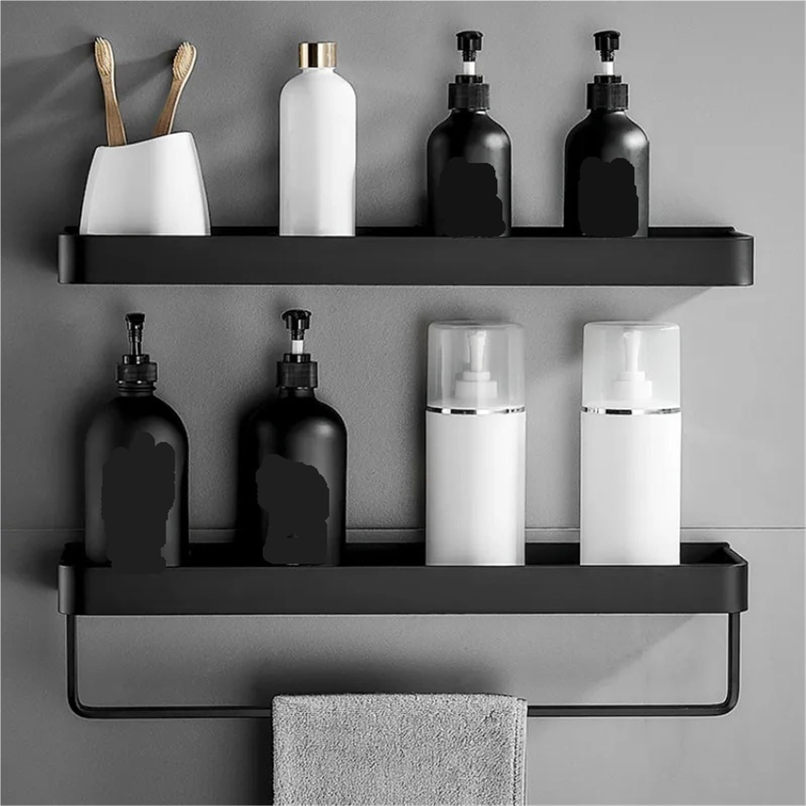 Estanteria ducha Estante de baño sin taladro, organizador, estante almacenamiento, estantes esquina negros, soporte champú for inodoro aluminio montado en la pared para Hogar(50cm towel rail hook)