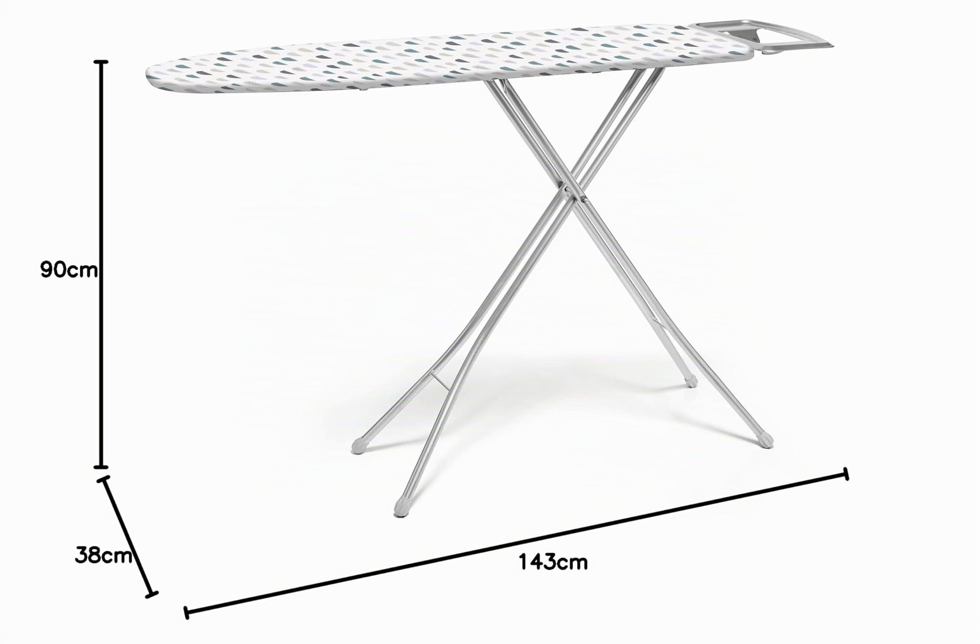 Rayen | Planche à Repasser | Gamme Basic | Planche avec Maille Métallique | Hauteur Réglable | Repose - Plaques | Grise/Imprimée Blanche | Dimensions : 120 x 38 cm