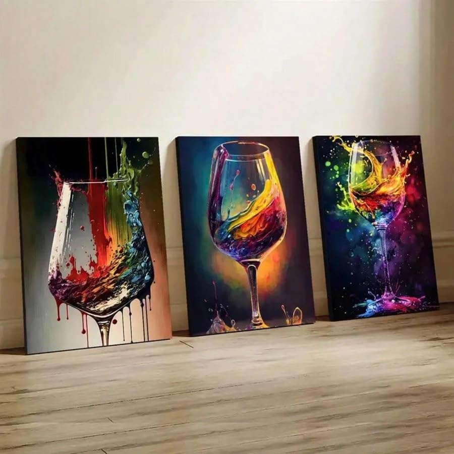 Toile style verre à vin SPXLUCAW triptyque d'aquarelle abstraite design élégant