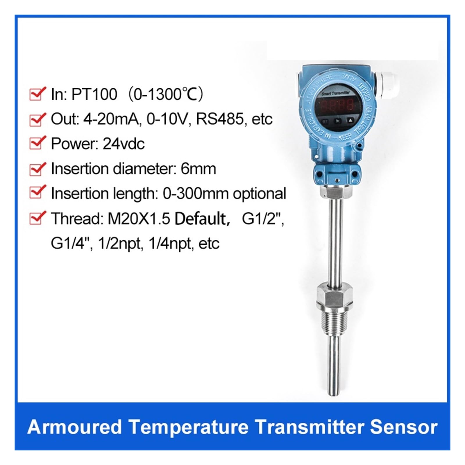 Sensore di Temperatura del Carburante Antideflagrante 0-5V Trasmettitore di Temperatura PT100(0-1000 Degree 4-20mA,50mm)