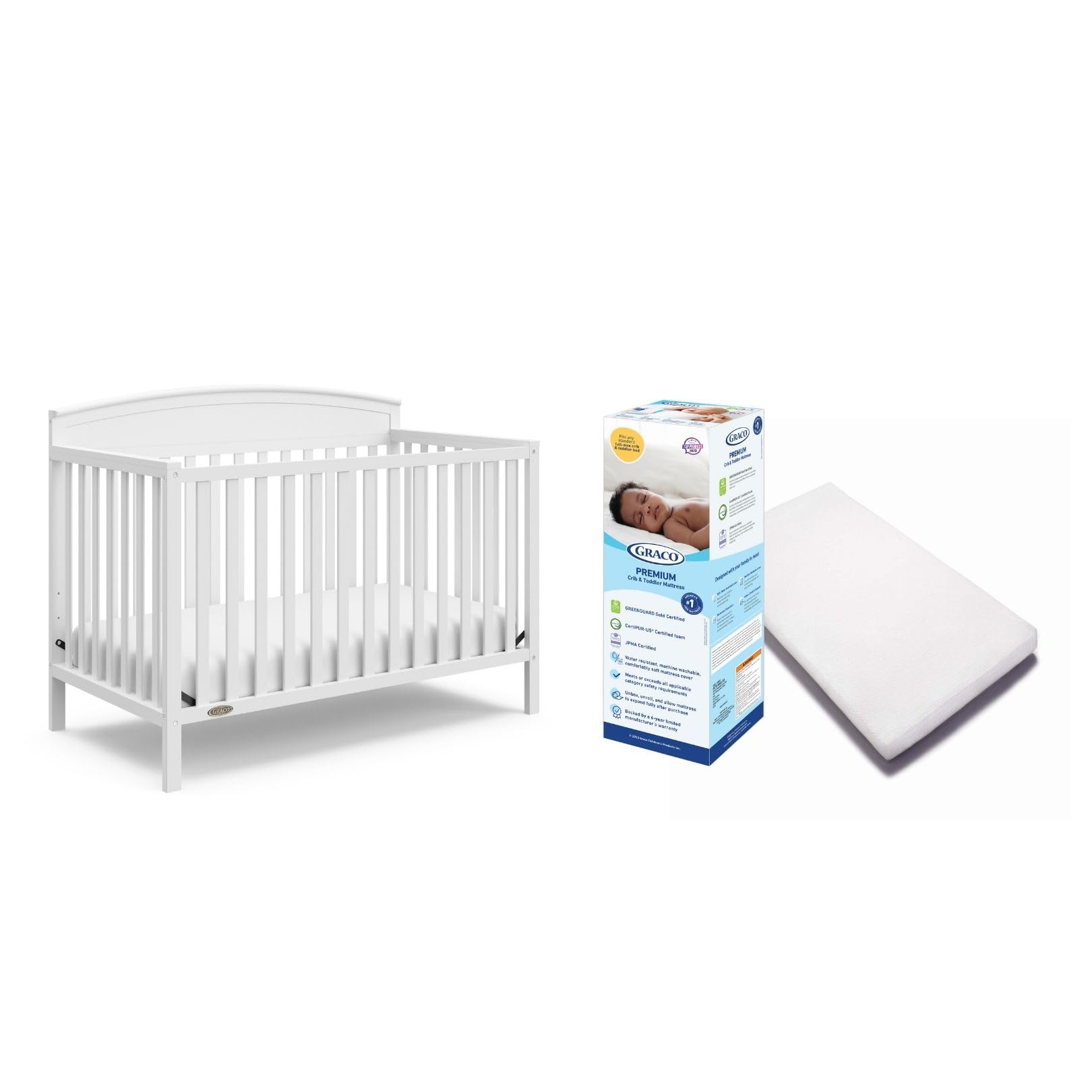 Graco Benton 5 in 1 Convertible Crib with Premium Foam Crib and Toddler Mattress - White