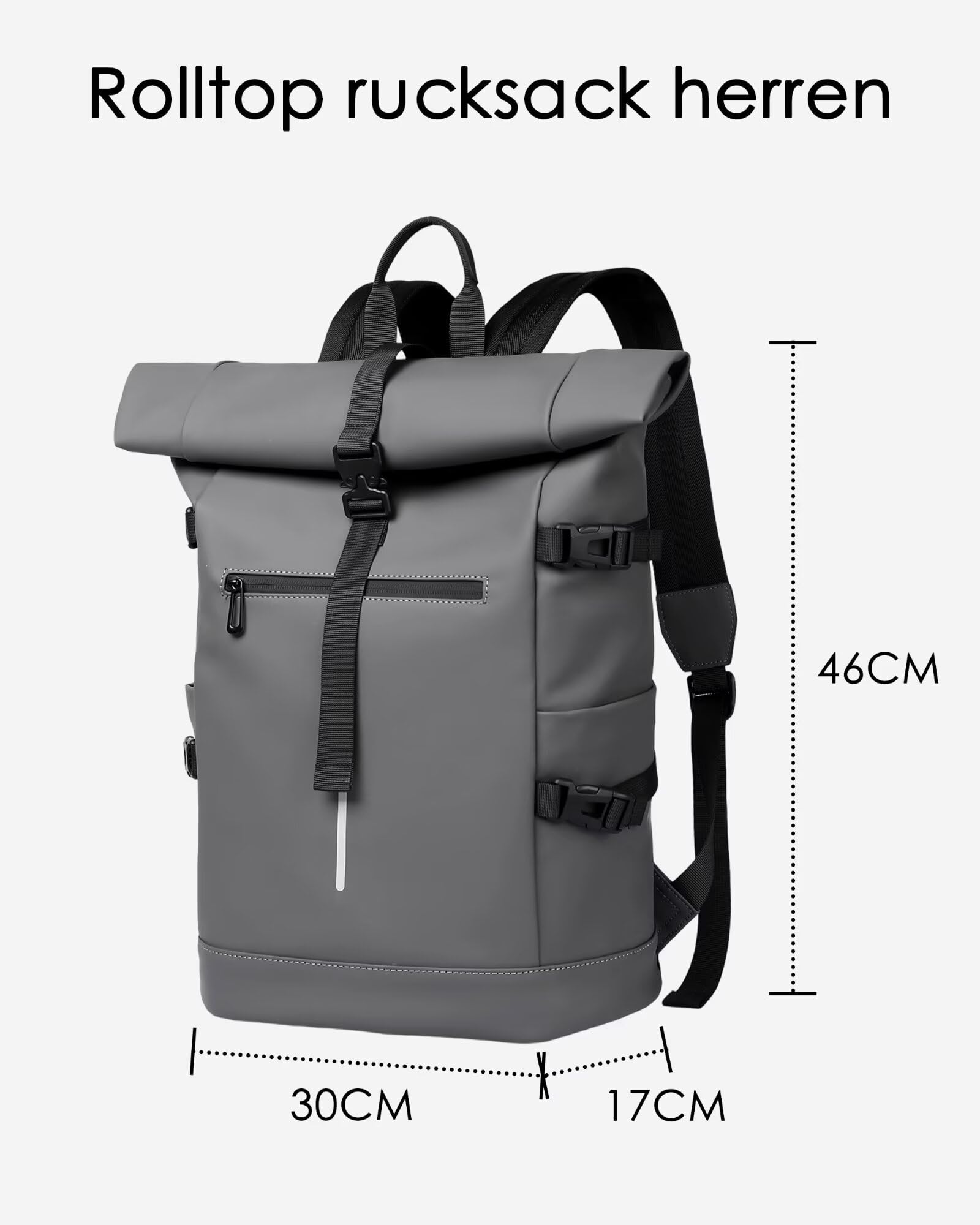 Rolltop Rucksack Herren Wasserdicht Grau Laptop Rucksack mit 17 Zoll Laptopfach Fahrradrucksack Schulrucksack Tagesrucksack Einfaches Design für Uni Freizeit Sport Reisen,Grey