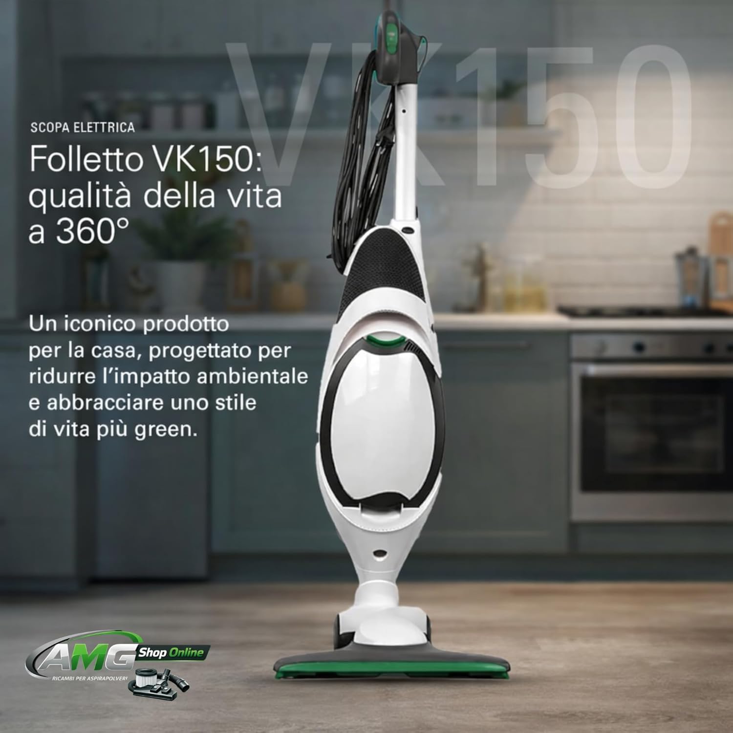 Aspirapolvere FOLLETTO VK150 + 6 SACCHETTI + PROFUMINI + TUBI, Con Motore 60.000 giri/min, Emissione Polveri 0,0001 mg/m³, Sacco 2,5 L, PESO: 3 Kg