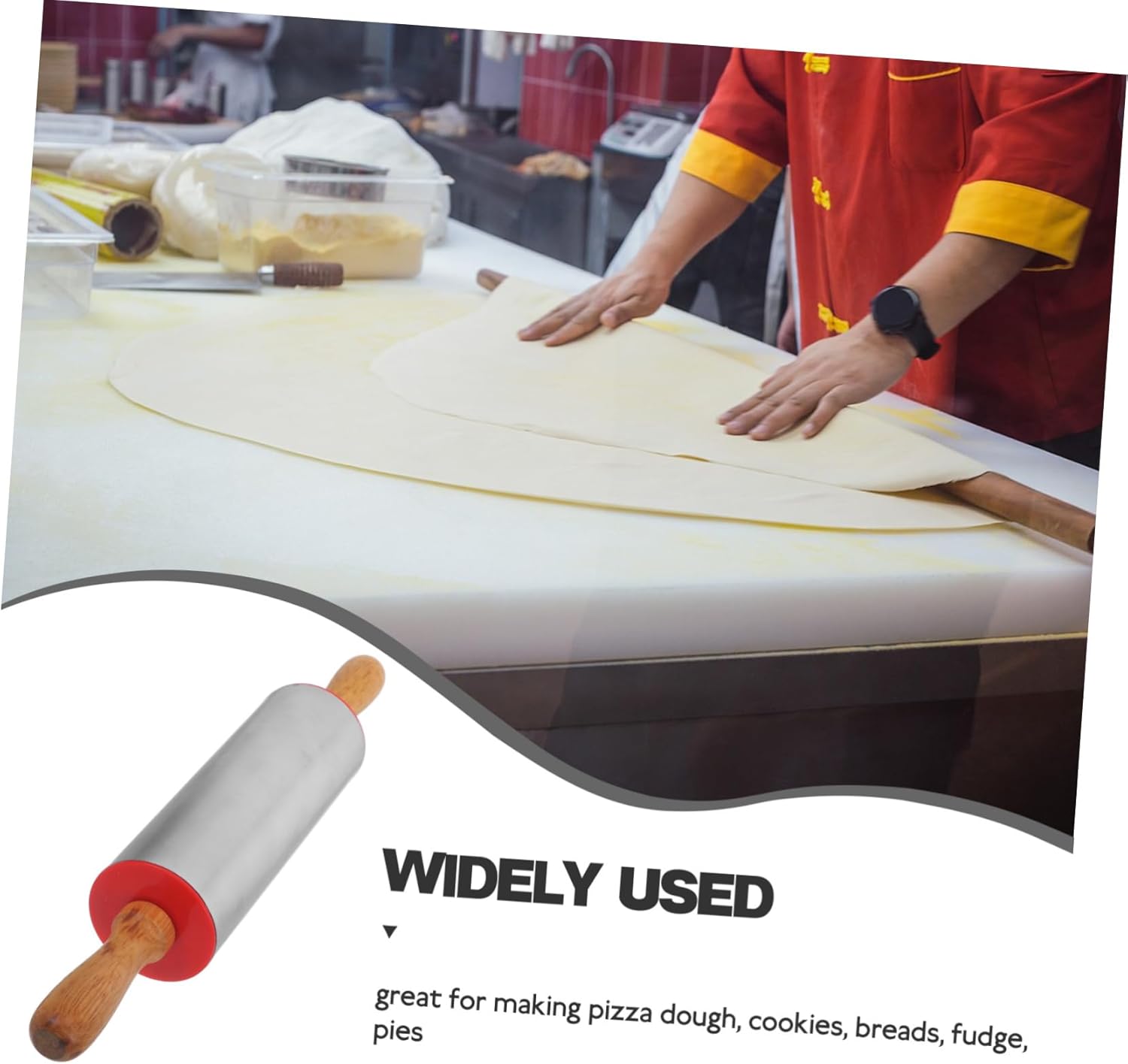 Bakery Equipment,Rolling Pin,Pizza Dough Roller Non-Stick Rolling Pin for Baking Solid Wood Stainless Steel(30.00X5.20X5.20CM)