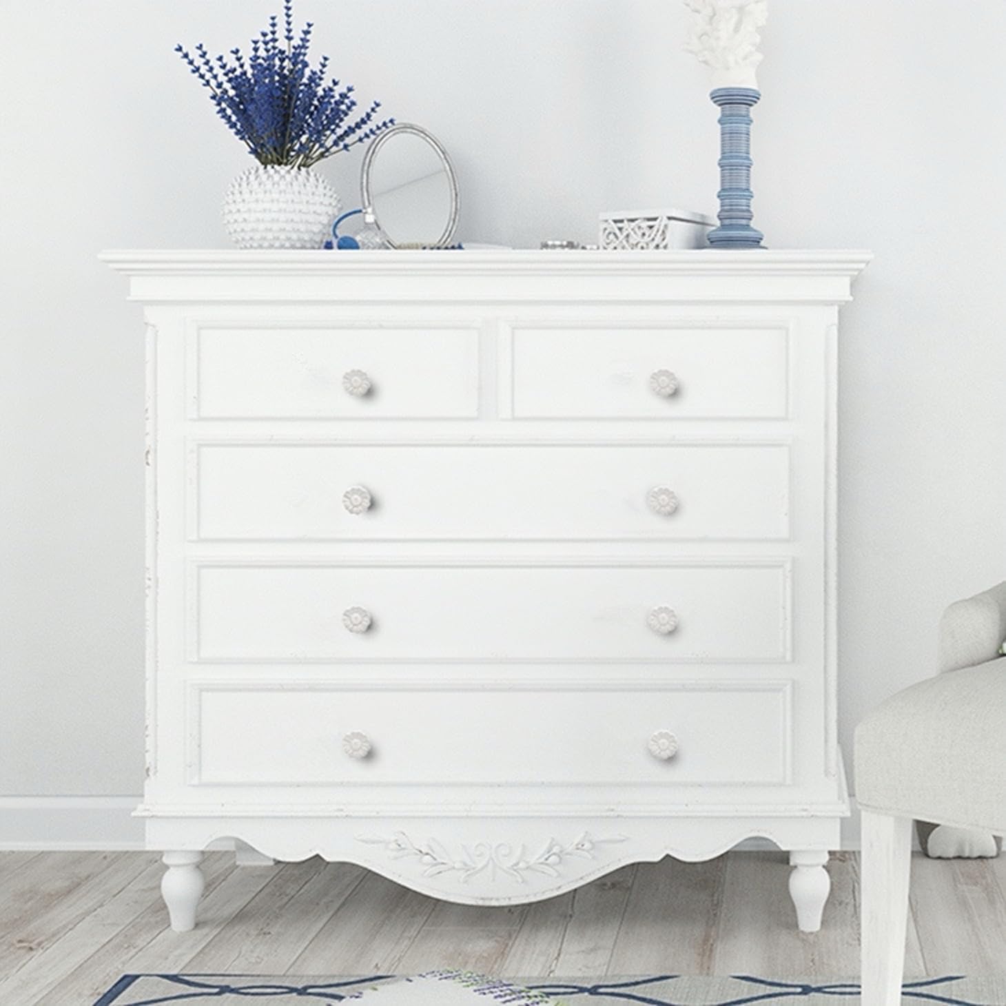 6 Pack Vintage Cabinet Knobs White Ceramic Drawer Handles Cupboard Dresser Wardrobe Closet Door Knobs Pulls Kitchen Furniture Knobs with Long Short Screws, Chrysanthemum Daisy Flower Shaped
