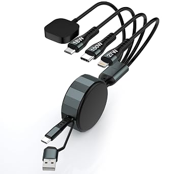 100W Retractable Charging Cable with Apple Watch Charger - 4 in 1 Retractable Multi Charger [Apple Watch+USB C+Lightning+Micro USB Cord] for iWatch iPhone 16 15 14 13 Android Phone iPad Tablet Laptap