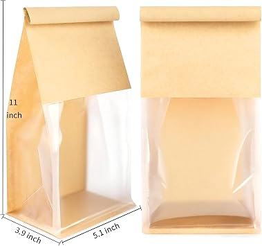 50 PCS Bread Bags, 5.1 x 3.9 x 11 Inch Brown Kraft Paper Cookie Bags with Tin Tie Tab Lock for Homemade Breads Baked Foods Cookie Packaging Storage Bag