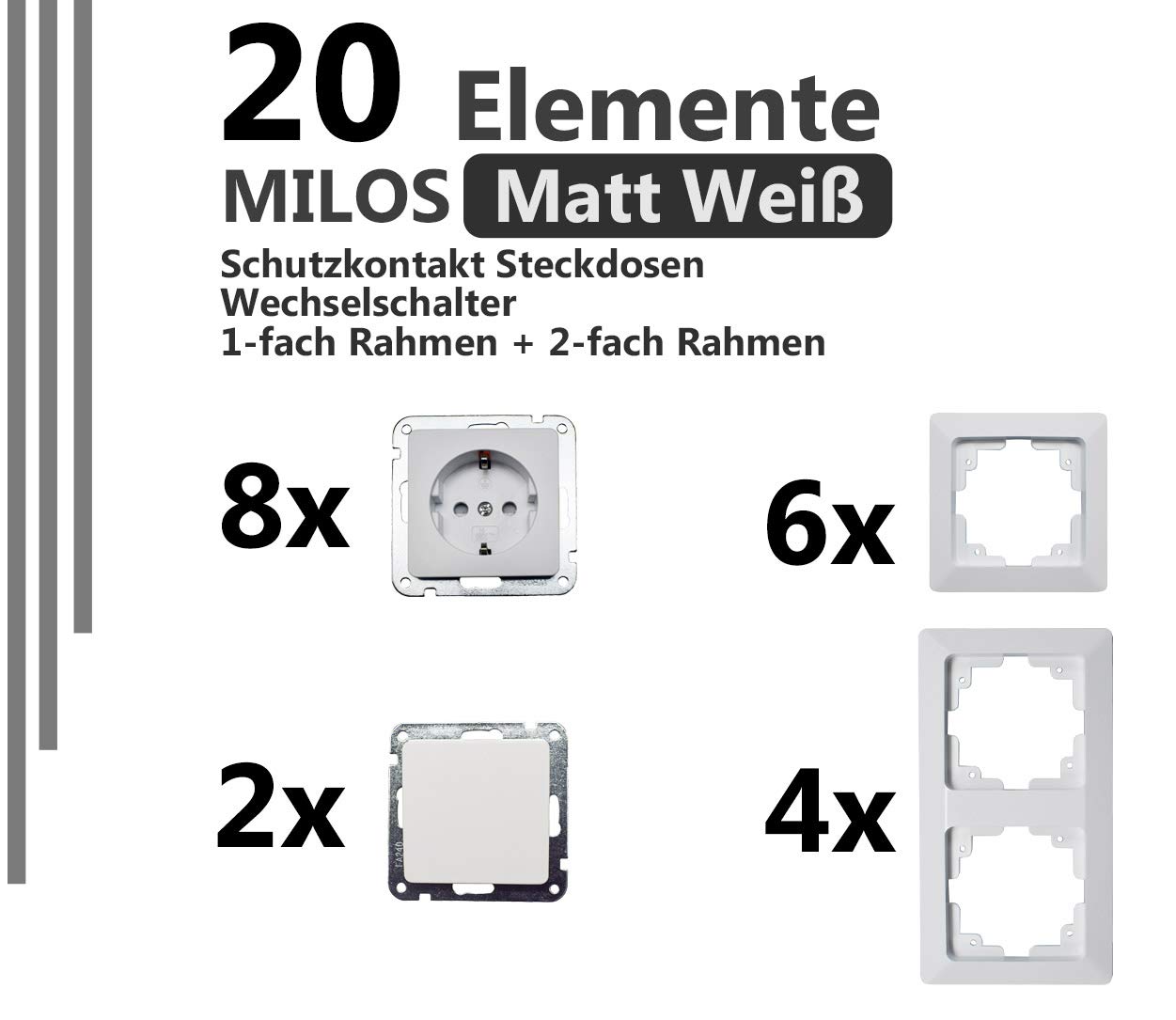 ChiliTec Steckdosen Schalter Komplettset Milos, Matt Weiß, 20 Teile