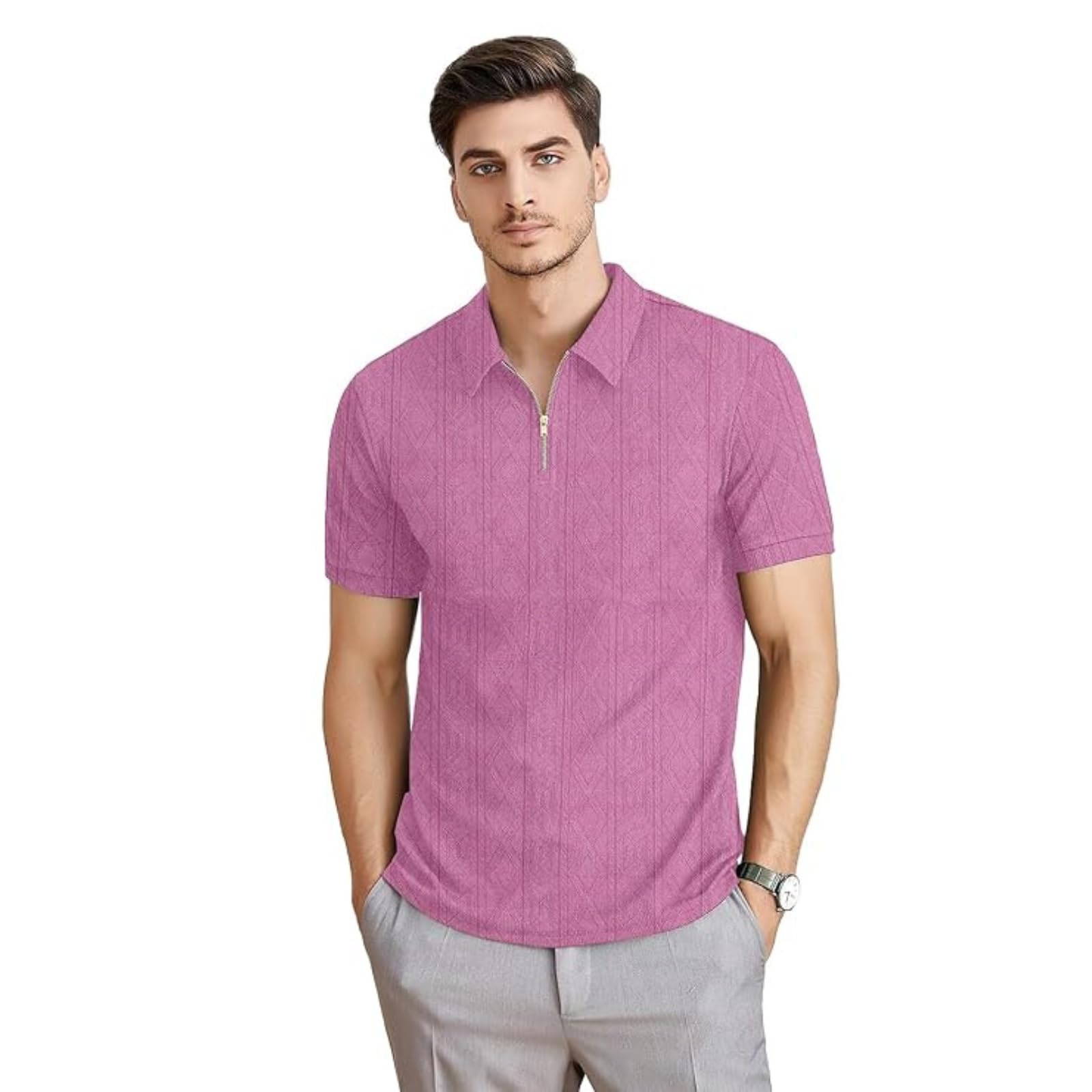 kajaru Men's Polyster Lycra Regular Fit T-Shirt with Half Sleeve Chain Polo Collar V-Neck Standard Length and Classic Style-picture-27
