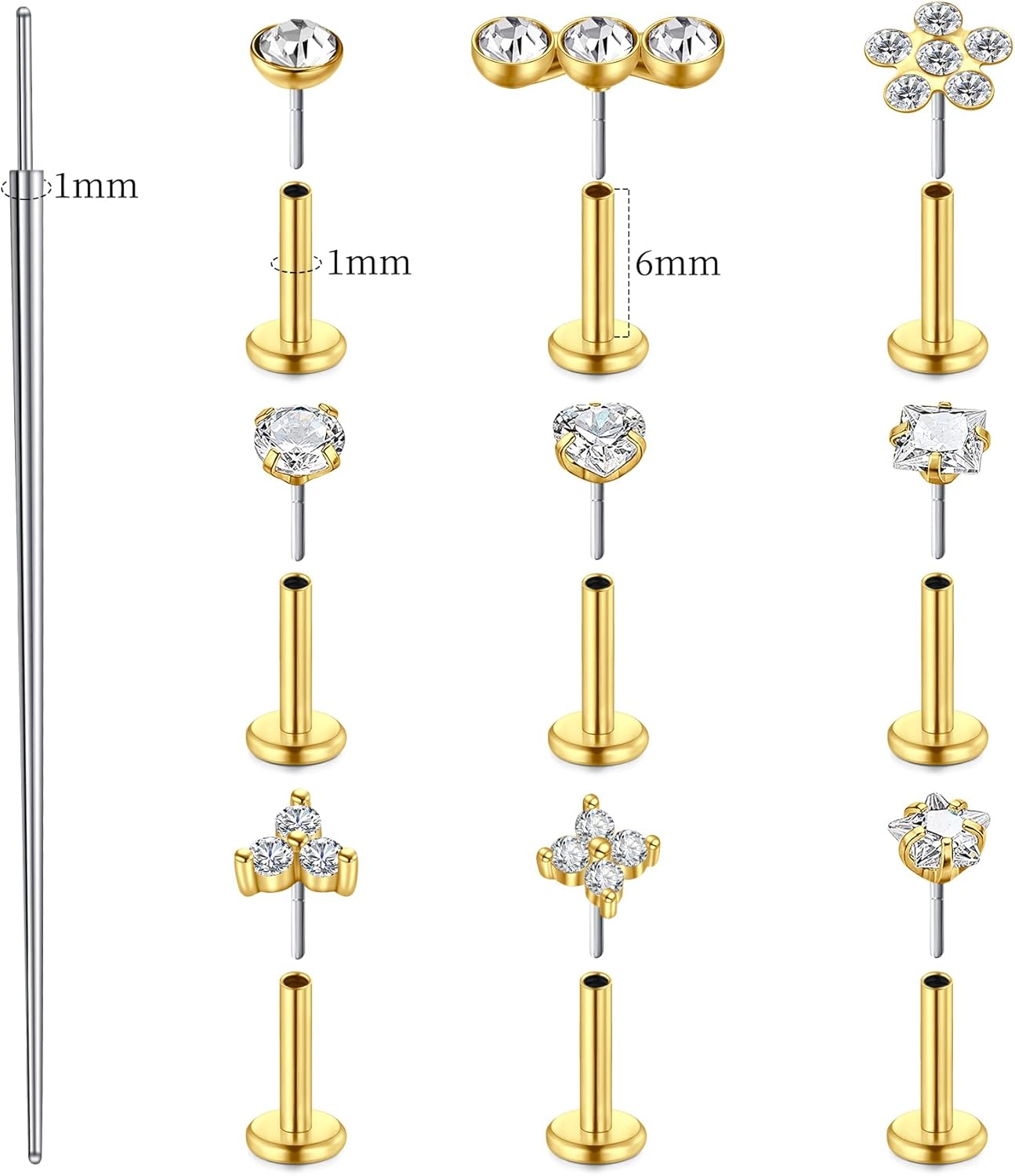 Mayhoop 14K Gold Push in Stud Earrings 316L Surgical Steel Threadless Stud Multi-Pack Flat Back Nose Rings Conch Cartilage Tragus Lip Labret Helix Piercing Jewelry Hypoallergenic for Women Men 18G/20G - Image 2