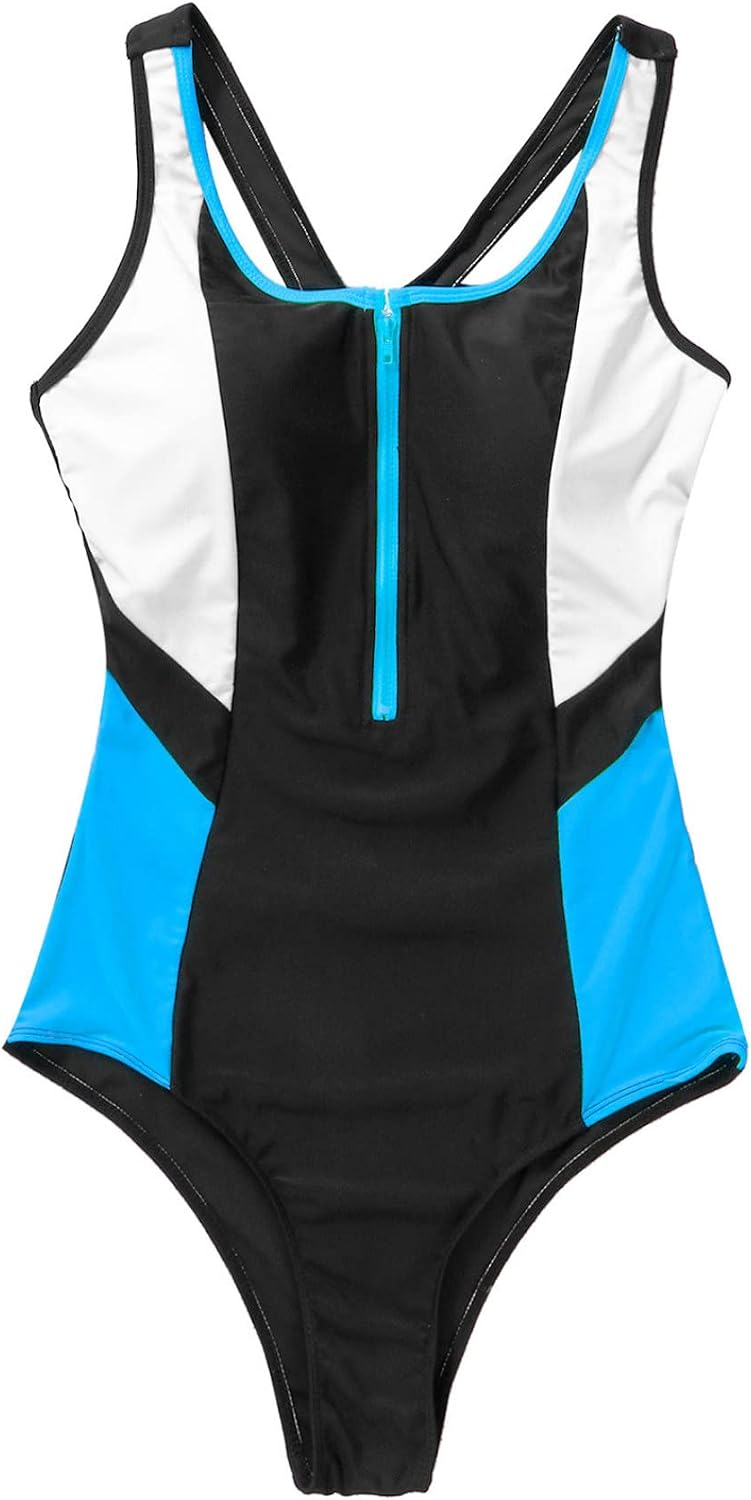 Woman Athletic One Piece Swimsuit Zip Up Racer Cutout Rash Guard Shirts Bathing Suit