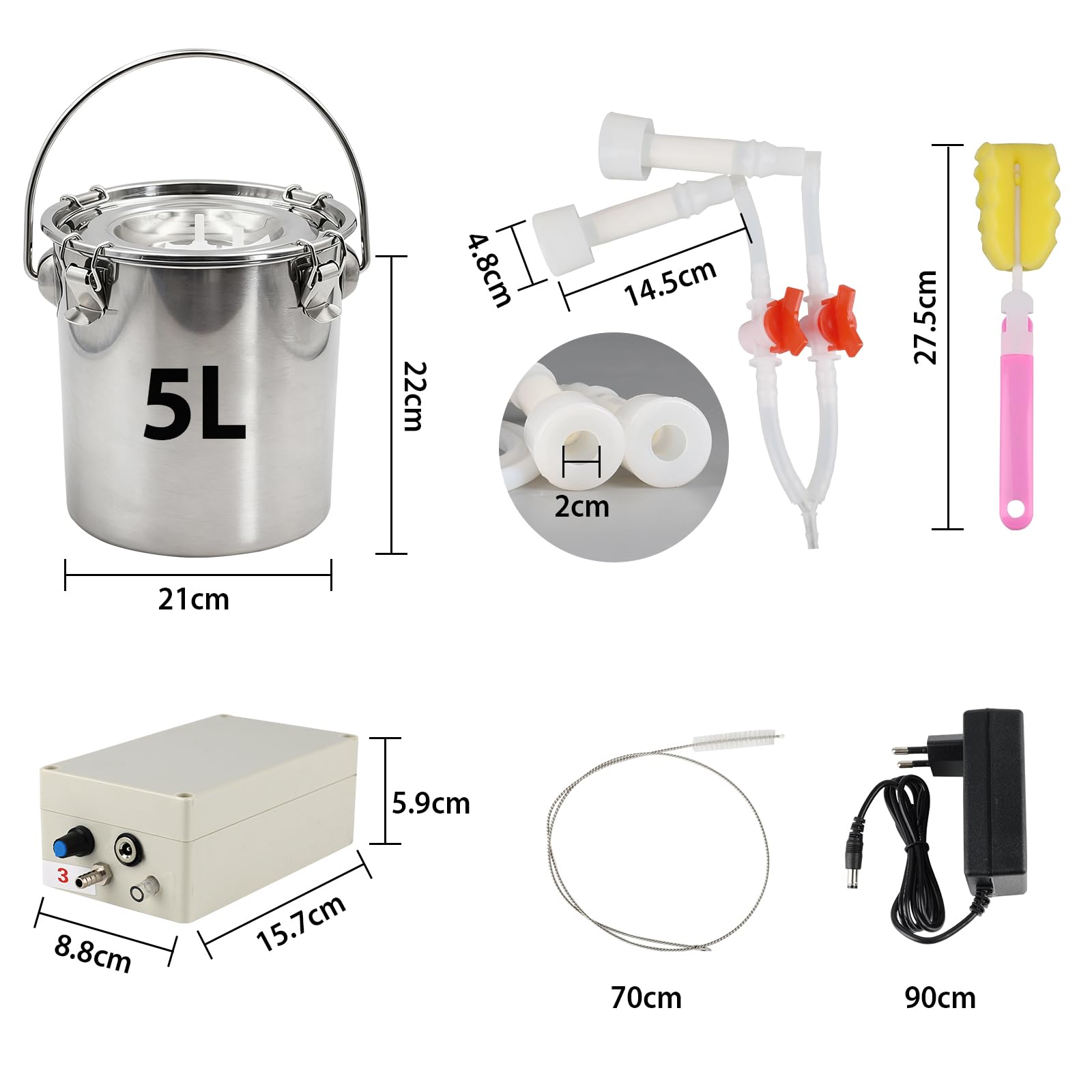 Elektrische Melkmaschine für Schafe, 5L Ziegenmelkmaschine, Vakuumpumpe Melker Eimer Fass Tank, Edelstahlmilchmaschine Saugimpuls Melker für Schafkühe Ziege