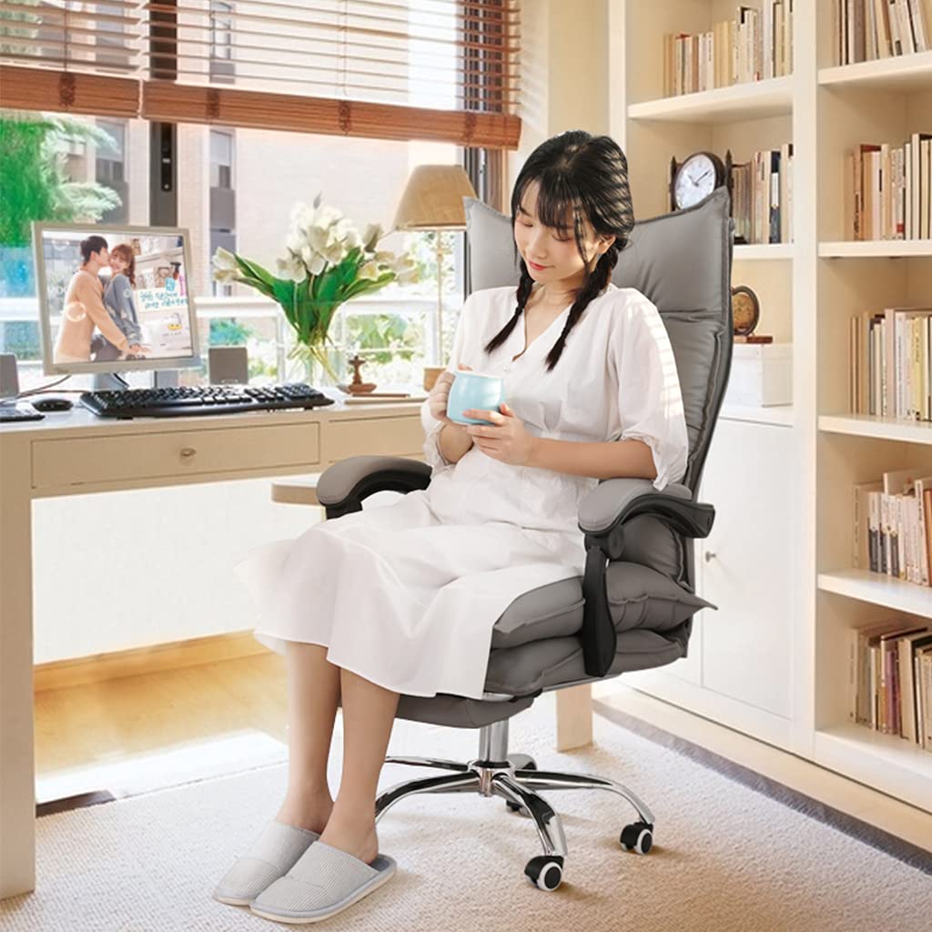 Ergonomiczne krzesło biurowe z wysokim oparciem ze skóry PU, z podnóżkiem, regulowana wysokość, wytrzymałe, obrotowe krzesło do biurka komputerowego, szare