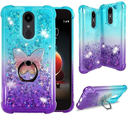 Zase Design Case for LG Stylo 5, Stylo 5V, Stylo 5X, Stylo 5 Plus Liquid Glitter Bling Cute Protective Cover 3D Waterfall Floating Butterflies Quicksand w/Phone Ring Holder (Gradient Aqua Purple)