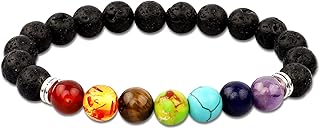 HLenyoy Men Women 8mm Lava Rock 7 Chakras Aromatherapy Essential Oil Diffuser Bracelet Braided Rope Natural Stone Yoga Beads Bracelet Bangle (Silver)