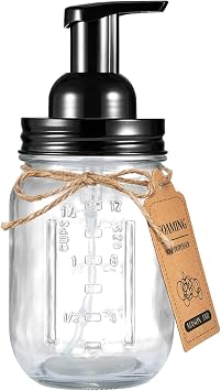 SheeChung Mason Jar Foaming Soap Dispenser-Rustproof Stainless Steel Lid & Foaming Soap Pump, Refill Foam Hand Soap Dispenser Glass for Bathroom Kitchen Vanities, Countertops-Black 1 pk