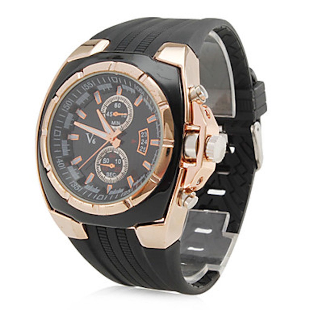 SoleasyNew Men's Military Style Gold Case Rubber Band Quartz Wrist Watch WTH1013