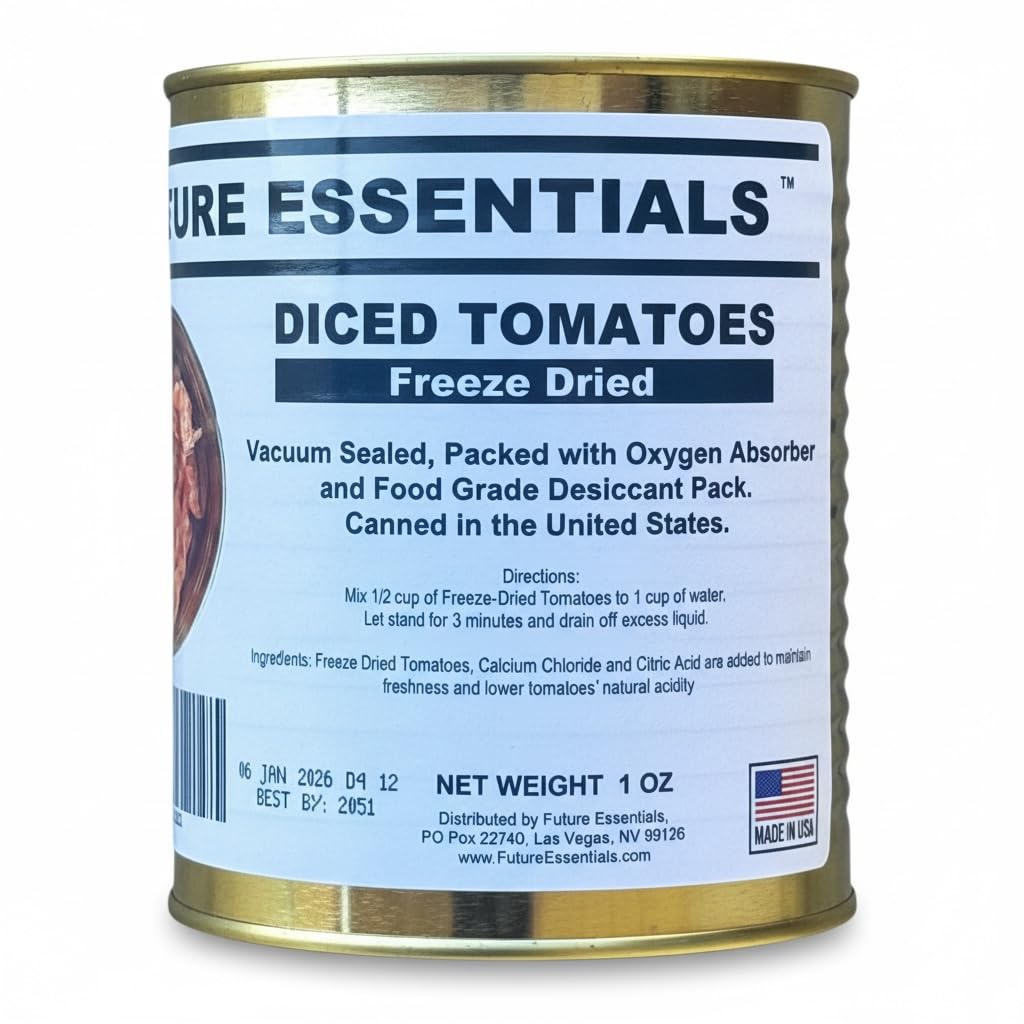Future Essentials Freeze-Dried Diced Tomatoes – Shelf Stable Canned Tomato Chunks with 30 Year Storage Life – Chopped Tomatoes for Soups, Omelets, Chili and Emergency Pantry – #2.5 Can, 1oz