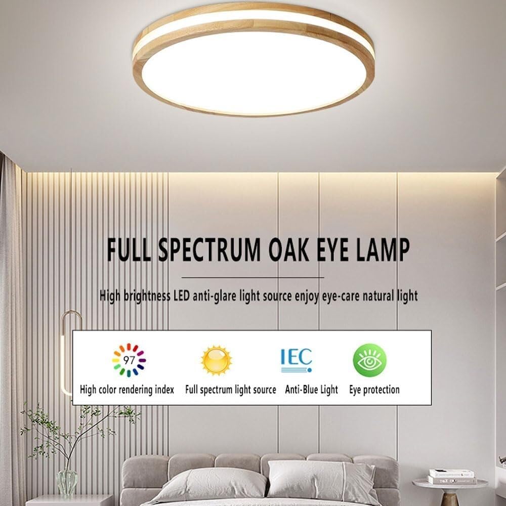 Japanese-Style Wood Grain LED Ceiling Light, 15.7in Round Flush Mount Light, 18W Dimmable 3000K/4000K/6000K Close to Ceiling Light Fixture for Bedroom, Kids' Room, Laundry Room, Hallway, Kitchen