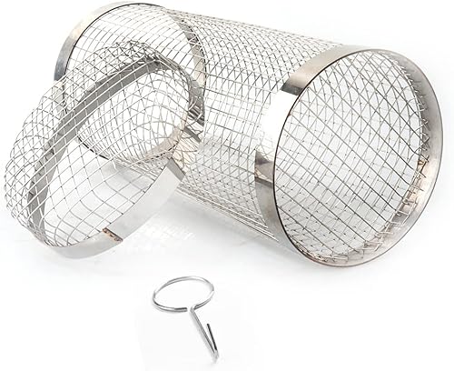 Miniatura 2 de Falytemow Cesta rodante redonda de acero inoxidable, tambor asado para hornear, parrilla rotativa para barbacoa, parrilla de malla para acampar para