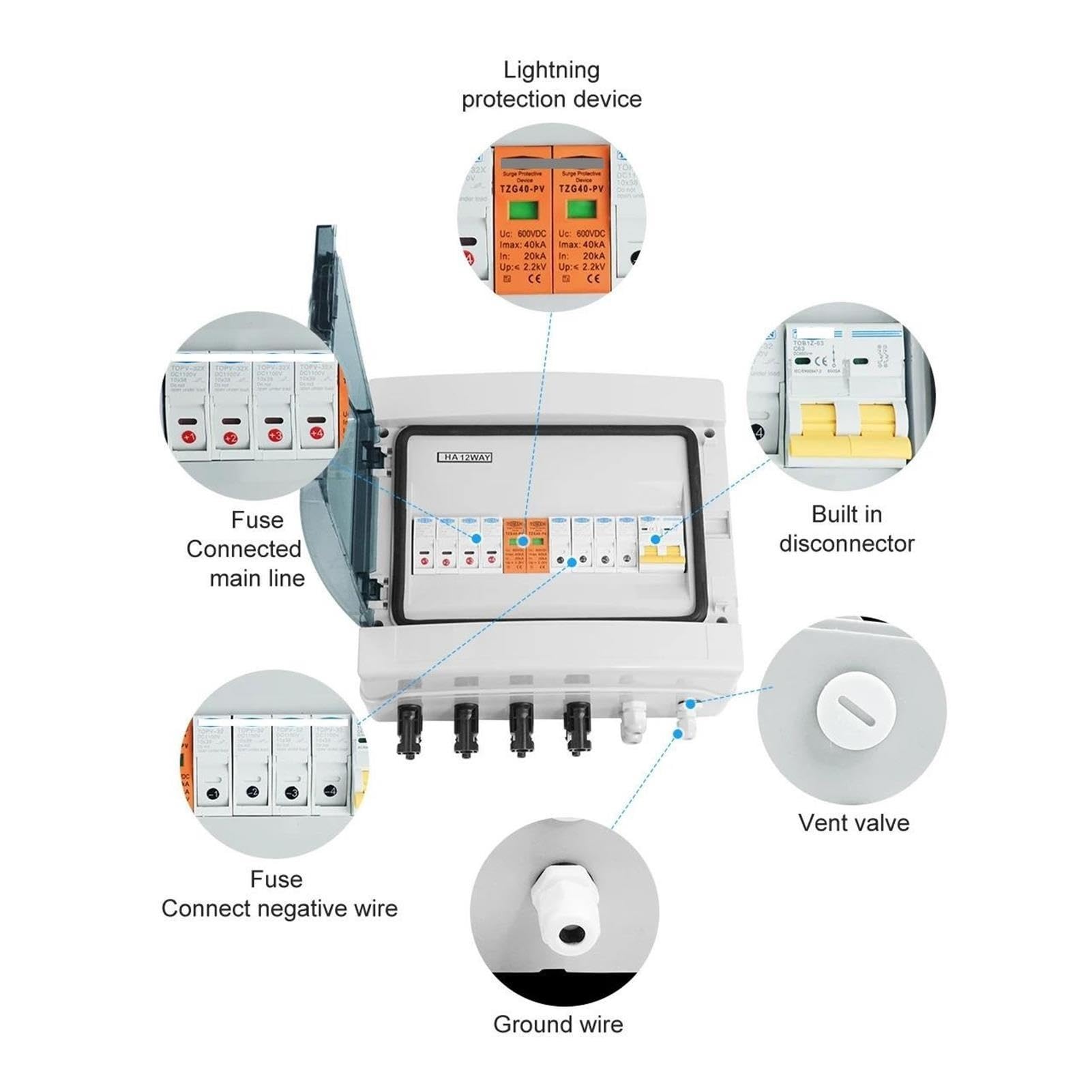 Scatola impermeabile MCB con fusibile DC 600 V 4 ingressi 1 uscita IP65 12 vie(25A DC MCB)