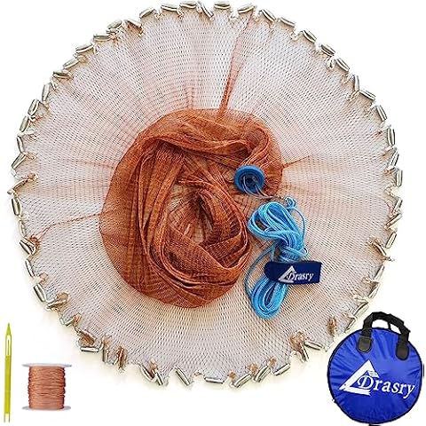 Drasry Saltwater American Fishing Cast Net 3/8inch Mesh Size for Bait Shrimp Trap Fish Heavy Duty Sinkers Throw Net 3FT to 12FT Radius Tire Lines 8FT Radius Cover