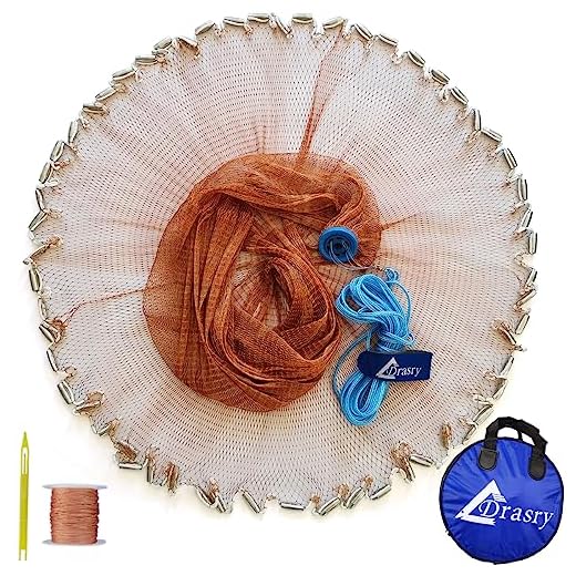 Drasry Saltwater American Fishing Cast Net 3/8inch Mesh Size for Bait Shrimp Trap Fish Heavy Duty Sinkers Throw Net 3FT/4FT/5FT/6FT/7FT/8FT/9FT/10FT Radius Tire Lines 4FT Radius