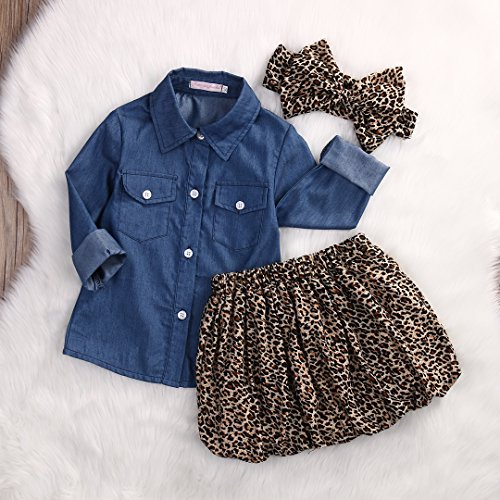 3Pc Cute Baby Girl Blue Jean Shirt +Princess Tulle Overlay Lace Dress+Headband (80(0-12M), Blue+Leopard) #TOP1