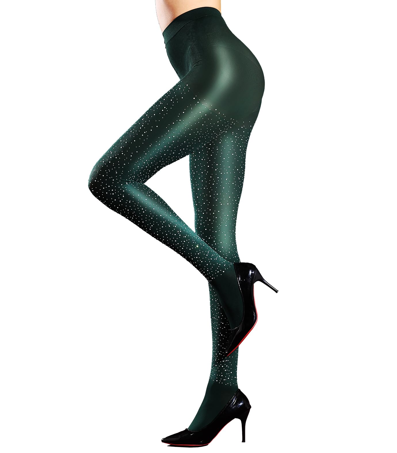 FANCAME Womens Sparkly Opaque Tights with Rhinestone 80 Den Pantyhose High Waist, Dark Green, 0-6 Short