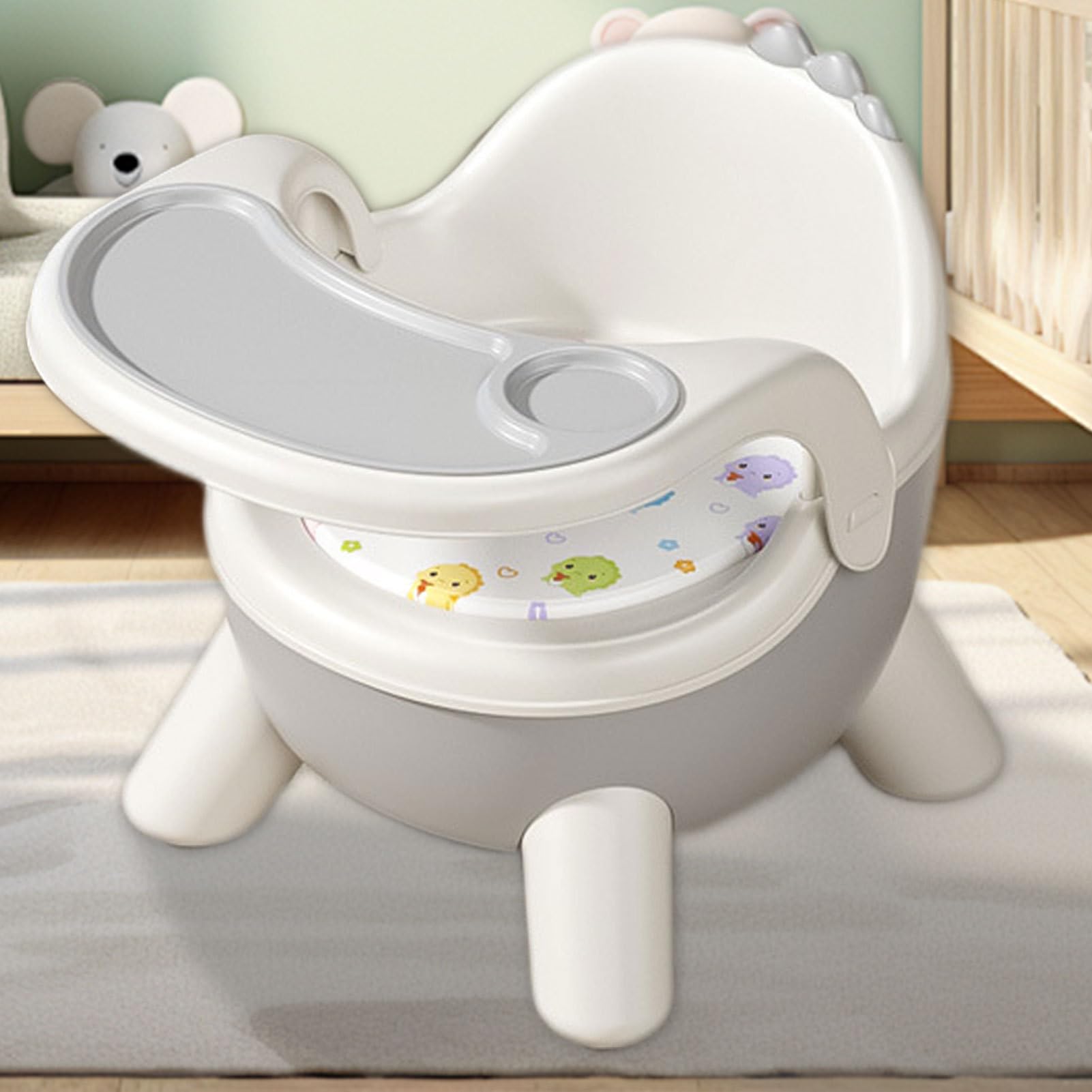 Silla de alimentación para bebé, asiento elevador con de dinosaurio, con sonido, diseño de doble bandeja, suministros interactivos para bebés para alimentar y jugar | Silla Portátil Infantil Con 2 Bandejas Extraíbles Para Viajes Juego