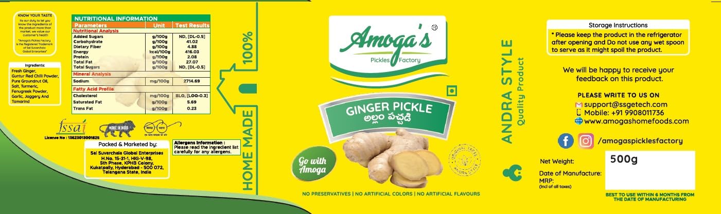 Amoga's Pickles Factory Andhra Authentic Ginger/Allam/adarak Pickle /Achar 100% Natural Handmade Pickles ,1KG