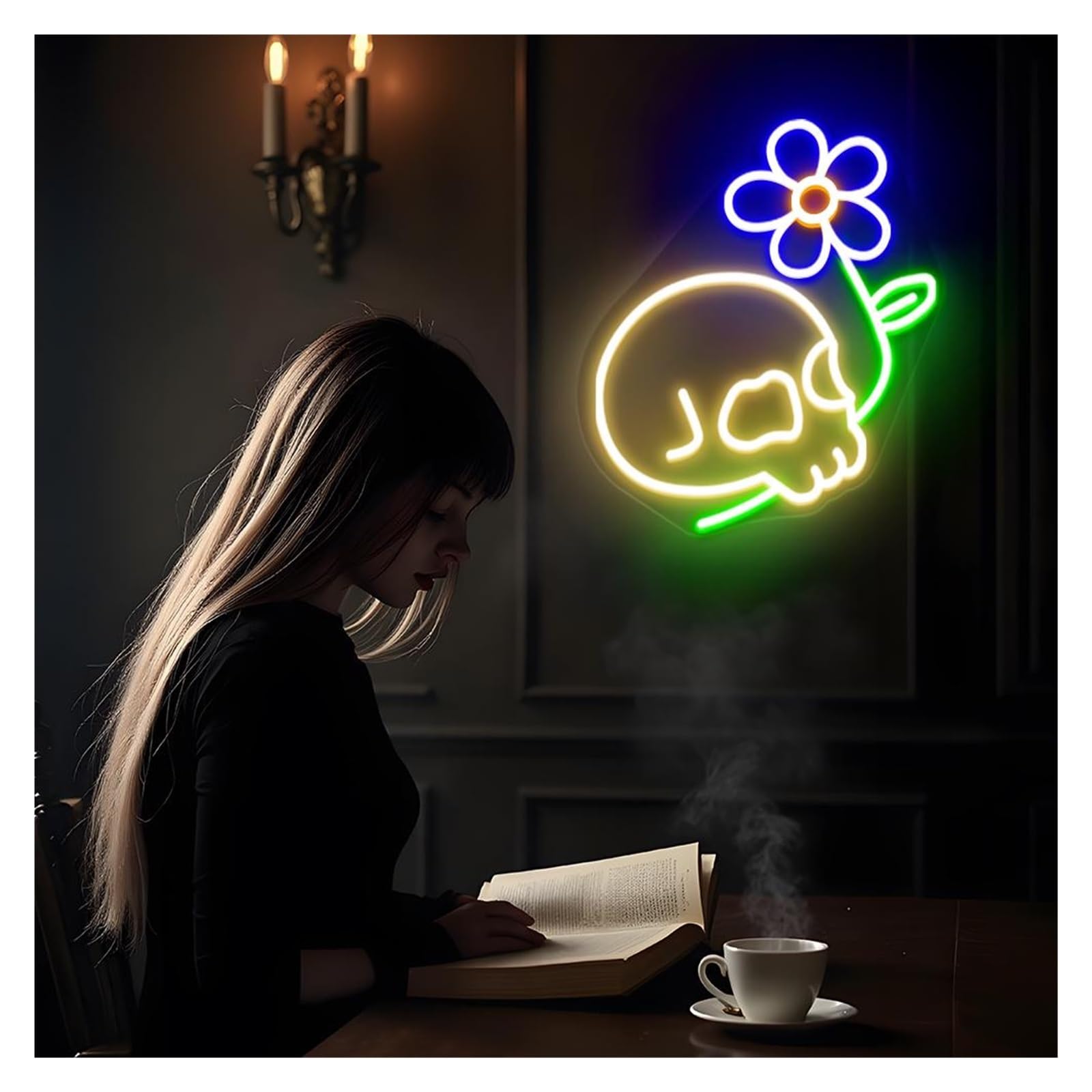 Wiszące neony artystyczne Neon Z Czaszką I Kwiatem Zasilany Przez USB, Neonowe Światła Z Czaszką Do Dekoracji Ściennej Sypialni W Studio, 33cmx37cm(D)
