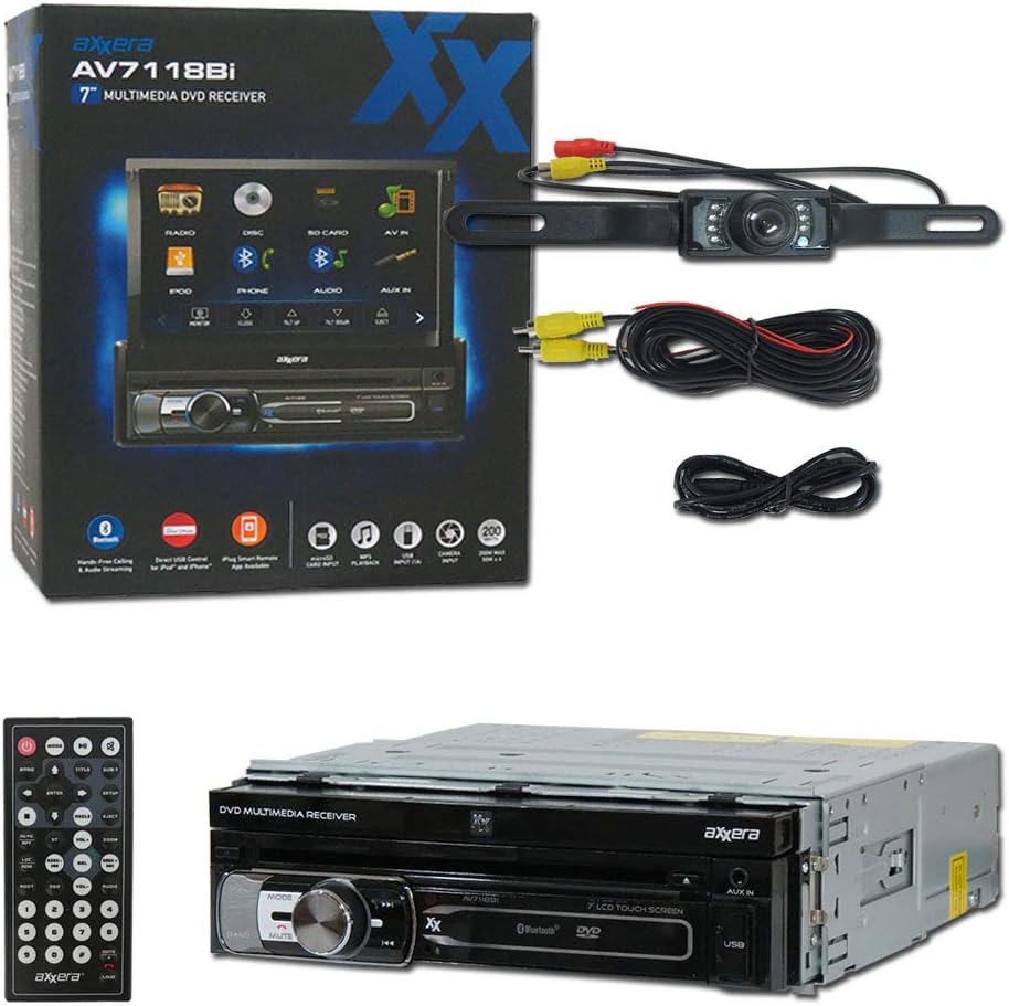 Axxera Car Audio Single Din 7" LCD Touchscreen DVD MP3 CD Stereo Built-in Bluetooth + Remote & DCO Waterproof Backup Camera with Nightvision