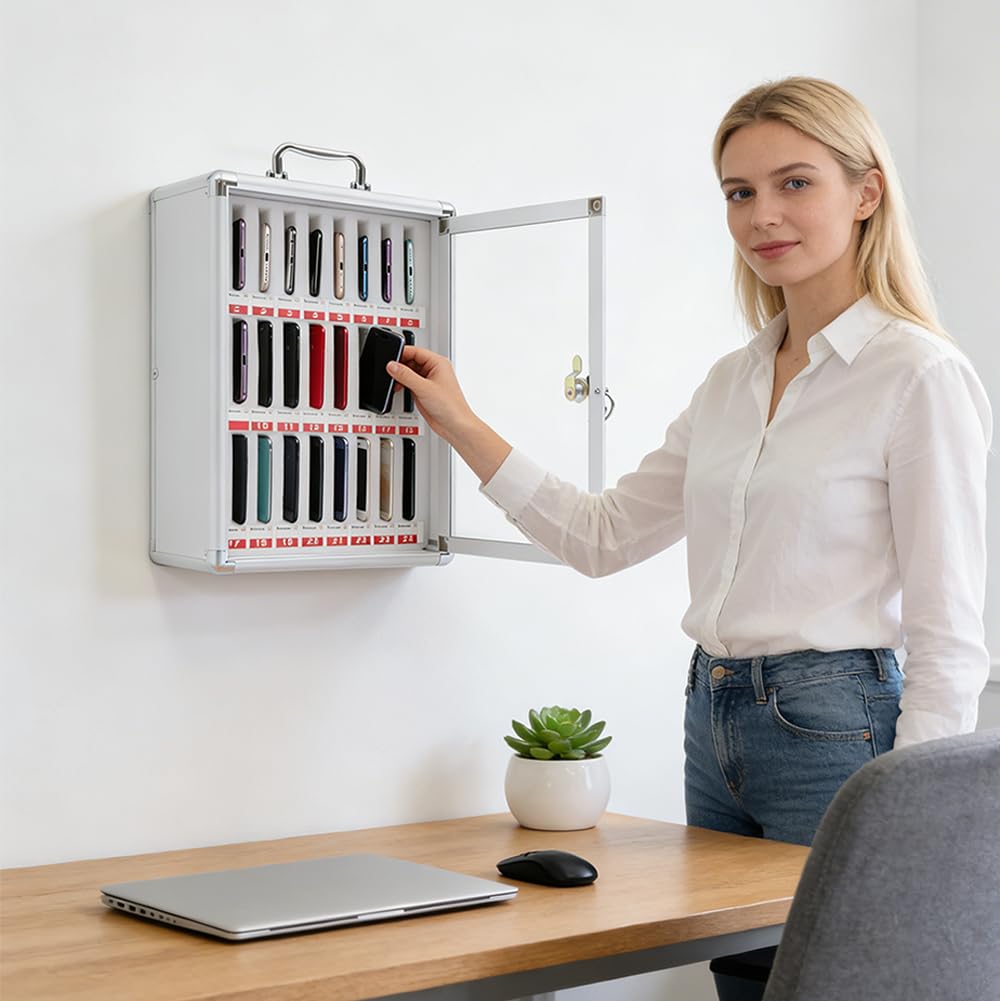 Armario de almacenamiento para teléfono móvil, 24 ranuras, caja de almacenamiento portátil, caja de teléfono móvil escolar con cerradura, aluminio para montaje en pared o escritorio, para aula