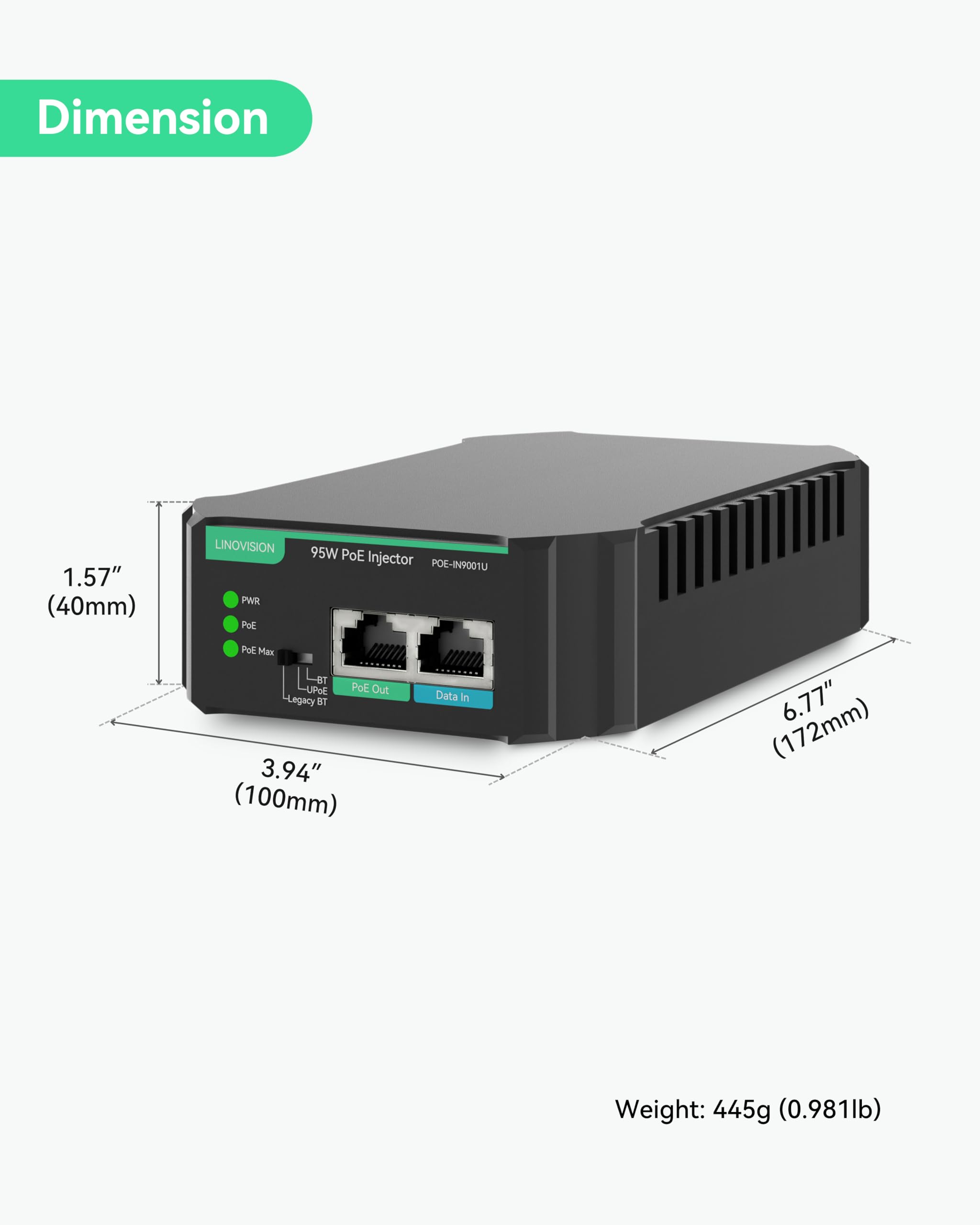 LINOVISION Gigabit 90W 802.3bt PoE Inyector, Compatible con estándar y Legado no estándar PD Dispositivo, PoE++ Inyector de Alto Consumo de energía PTZ Cámara, Teléfono VoIP