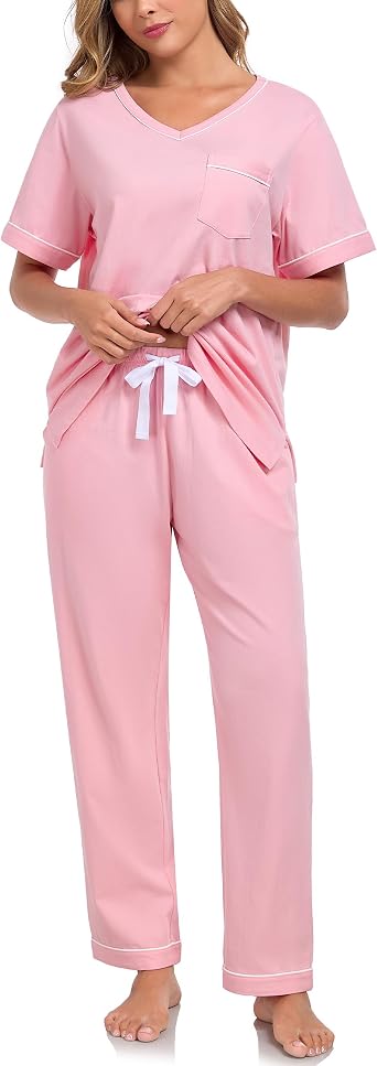 CF Womens 100% Cotton Pajama Sets Soft Short Sleeve Tops & Pants 2 Piece Lounge set Sleepwear with Pockets Ladies Summer Pjs