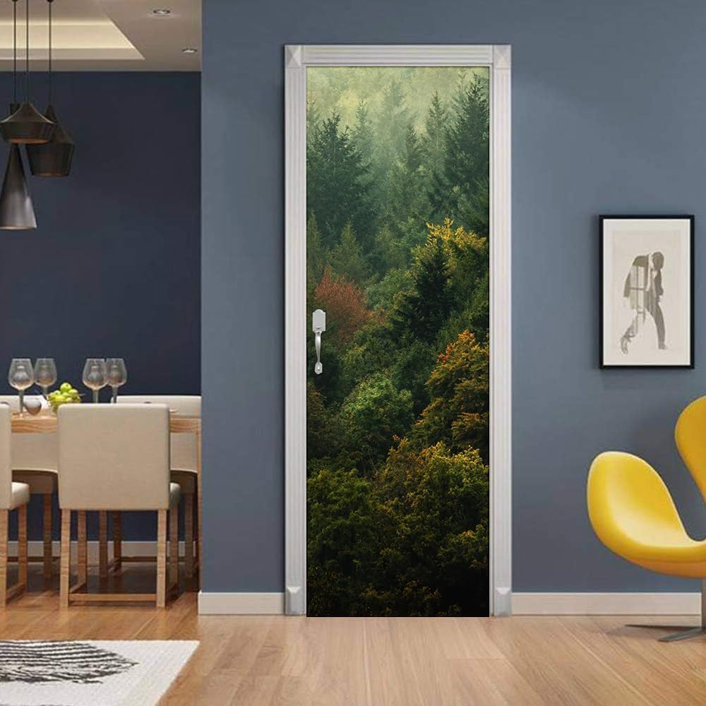 Fykjgs Modern Woodland Door Stickers for Interior Doors Green Scene 3D Door Decals Art Sticker Self Adhesive Door Murals for Bedrooms Living Room Bathroom Home Decor G388?90x200 cm?