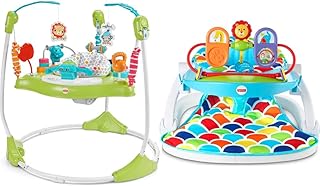 Fisher-Price Fitness Fun Folding Jumperoo –gym-themed infant activity center with adjustable bouncing seat, lights, music and interactive toys & Deluxe Sit-Me-Up Floor Seat with Toy Tray Happy Hills