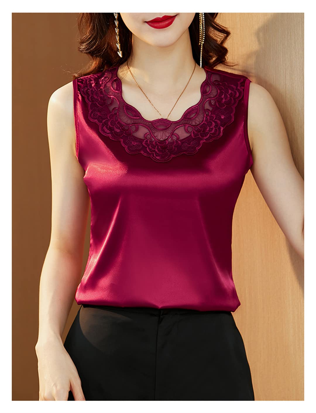 Canotte Senza Maniche con Scollo a O per Donna Camicetta in Raso con Patchwork a Rete scavata T-Shirt Estiva Casual Claret S