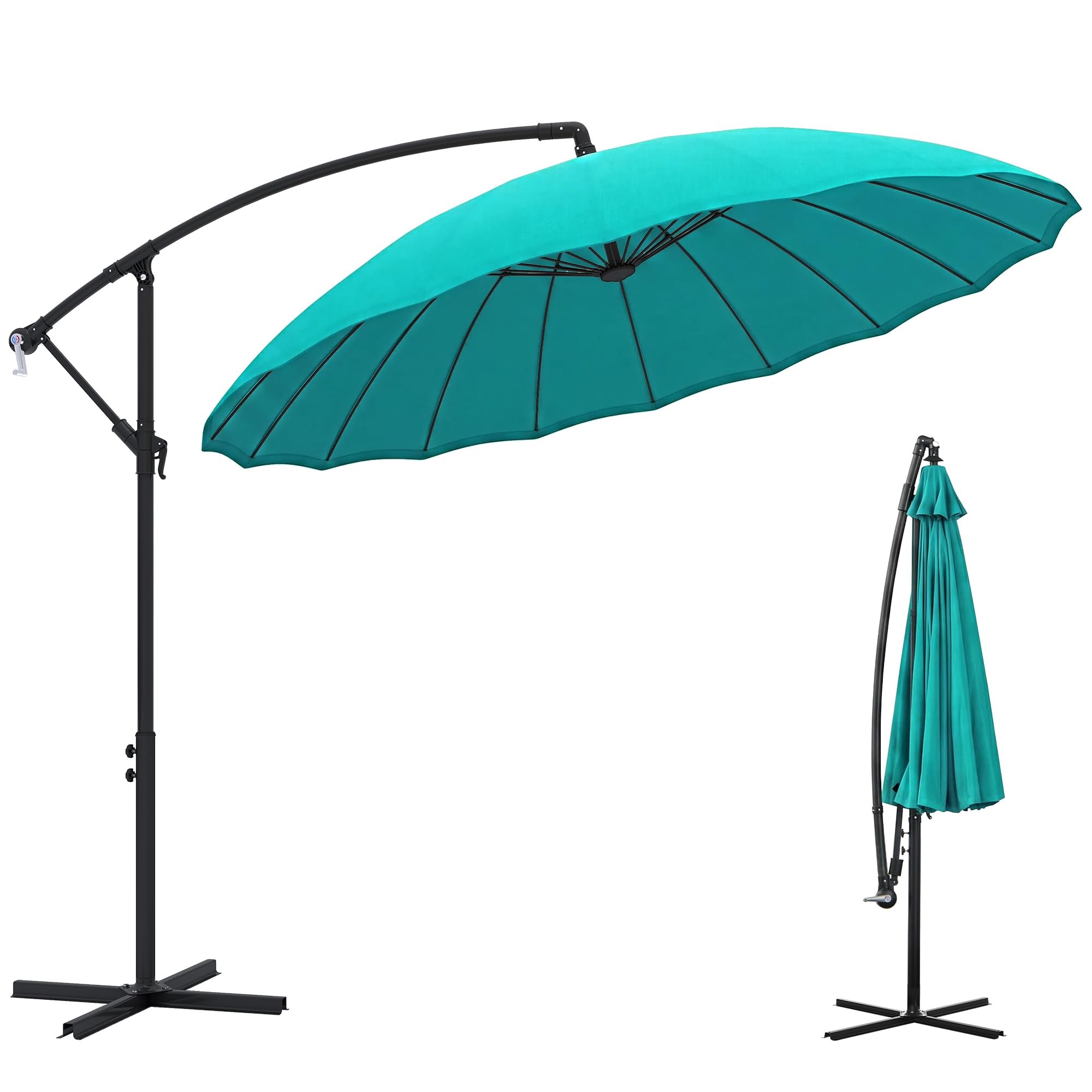 Outsunny 3(m) Cantilever Shanghai Parasol Garden Hanging Banana Sun Umbrella with Crank Handle, 18 Sturdy Ribs and Cross Base, Turquoise